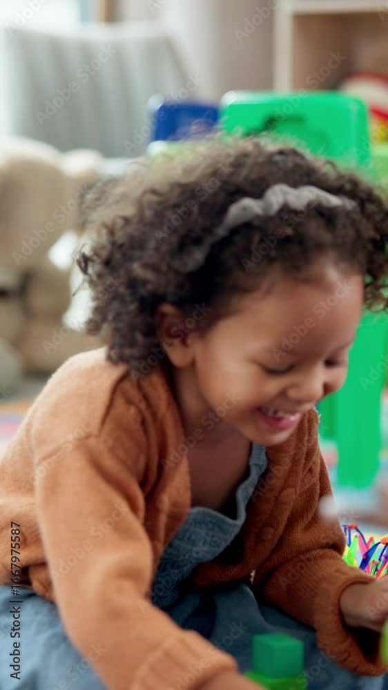 Poster kindergarten, girl and happy with blocks for education, creative and cognitive development in class.