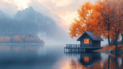 Fototapeta premium Serene lakeside escape autumns embrace at dawn