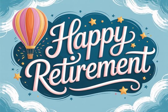 Happy retirement message. A vibrant illustration with a colorful hot air balloon. - Powered by Adobe