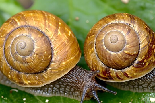 Closeup of Two Brown Snails on Green Leaf - Powered by Adobe