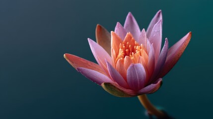 Serene Water Lily Bloom A Symphony of Pink Orange and Green on Tranquil Dark Teal Backdrop