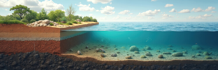 Cutaway side view illustration demonstrates land water interaction. Sea level, ground level cross section shows relationship between land water in scientific environmental context. Ocean floor rocks,