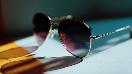 Sleek Aviator Sunglasses on a Table Reflecting Light Creating Shadows and Colorful Reflections