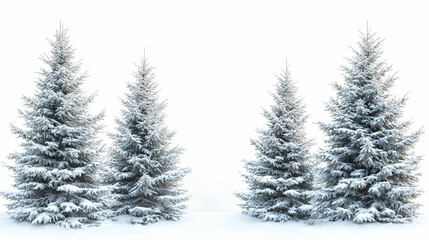 Fototapeta premium Four snow-covered evergreen trees against a white background
