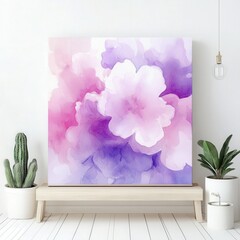 Watercolor floral painting on display with plants