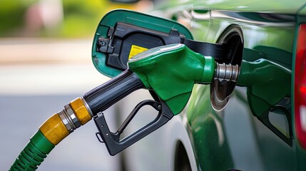 Green Car Fueling Up Gas Pump Nozzle Filling Tank at Station.