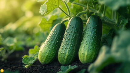 Obraz premium Bright cucumbers growing in a lush garden captured with a mirrorless camera using a 50mm lens