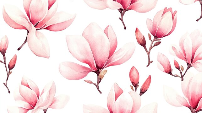 Watercolor Magnolia Bloom Delicate Pink Floral Pattern on White Backdrop.