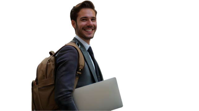 A young man in a suit smiling with a backpack and laptop against a TRANSPARENT background is walking
