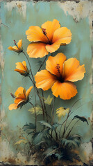 Vibrant yellow hibiscus blossoms against a textured teal backdrop