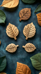 Wooden leaf decorations arranged with real autumn leaves on a dark blue background