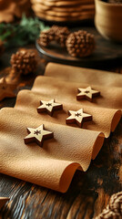Wooden star ornaments arranged on rustic brown paper on wooden surface, surrounded by pine cones and greenery