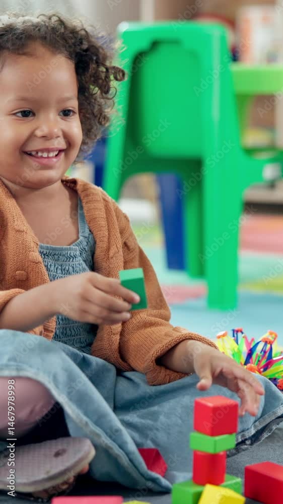 Poster Kindergarten, child and happy with blocks for education, creative and cognitive development in class. School, students and girl with building toys for learning, motor growth and problem solving skill