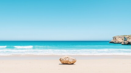 A large rock sits on a sandy beach, with the ocean and a cliff in the background.