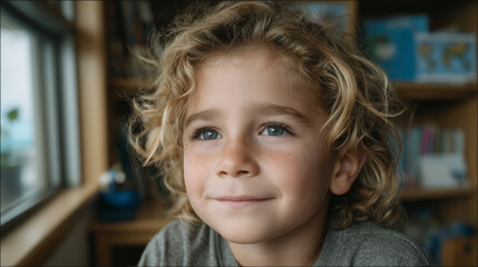A cheerful young boy with curly hair and freckles gazes thoughtfully, exuding a sense of wonder.