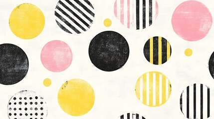 Vintage style polka dot pattern with pink, yellow, and black geometric shapes