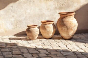 Three terracotta vases stand in sunlight against a textured wall and cobblestone ground, creating a serene, rustic scene.