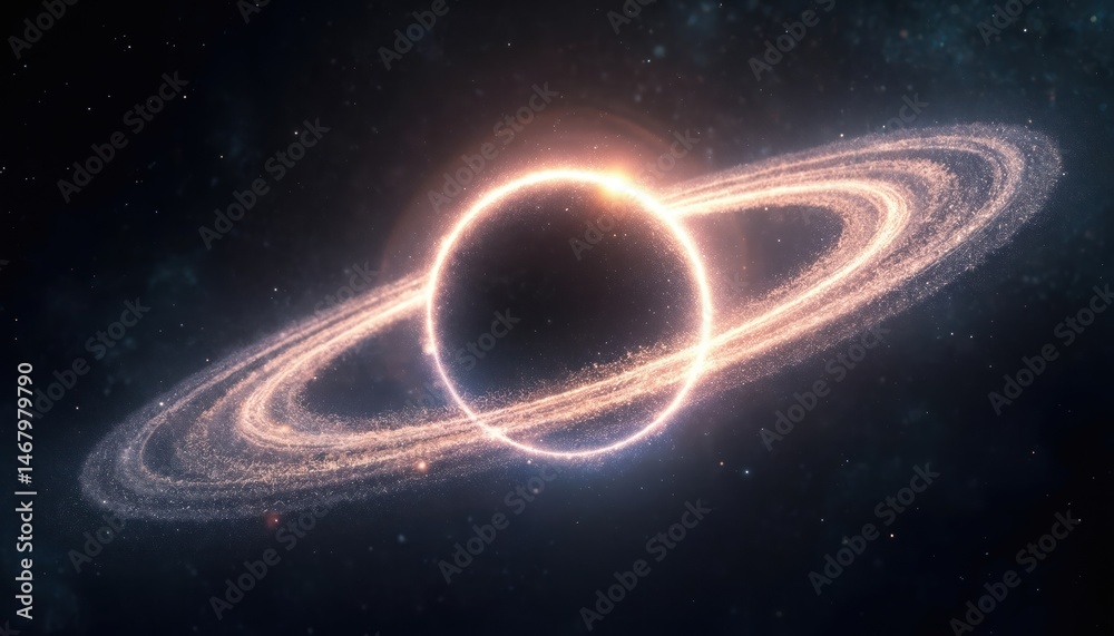 Poster Ethereal glowing orbital ring with sparkling stardust trail, luminous white particle dispersion. Celestial light effect against cosmic dark background. Stellar sparkle elements in elegant circular