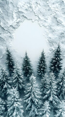 Fototapeta premium Snowy evergreens peek through a frosty, textured frame, creating a serene winter scene