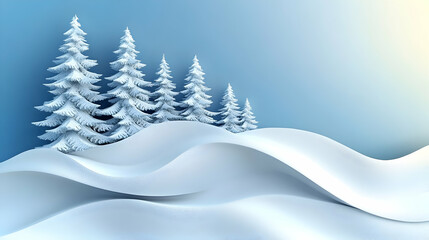 Snowy landscape with stylized evergreens on gently rolling hills under a soft blue sky