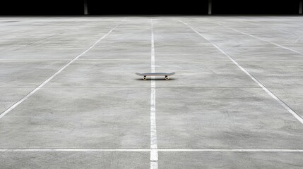 A skateboard on a concrete floor.