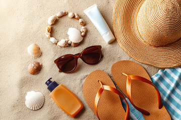 Essentials for a perfect summer day at the beach with straw hat, sunglasses, and flip flops
