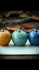 Three ceramic apples in yellow, teal, and blue hues, speckled with darker spots, arranged on a white surface
