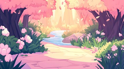Enchanted Pink Blossom Forest River Path, Serene Springtime Nature Illustration