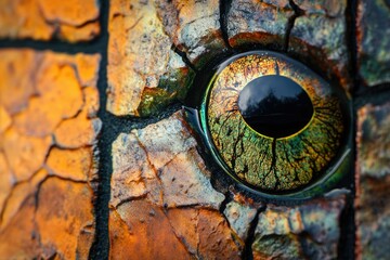 A close-up reveals a vibrant eye embedded within a cracked, textured, earthy surface.