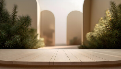 Elegant Wooden Platform Display Minimalist Arch Background Greenery Product Showcase