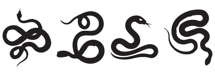 Snake silhouette set. Isolated snake silhouette on white background. The set silhouettes of wild snakes.