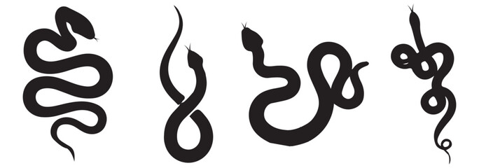 Snake silhouette set. Isolated snake silhouette on white background. The set silhouettes of wild snakes.