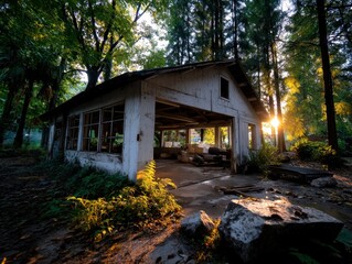 Weathered white open-sided garage in wooded area with sunlight and vegetation