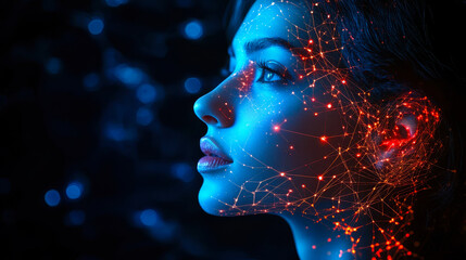 Illuminated Woman Side Profile with Glowing Neon Network Nodes Against Dark Background, Artifical Intelligence and Technology Concept