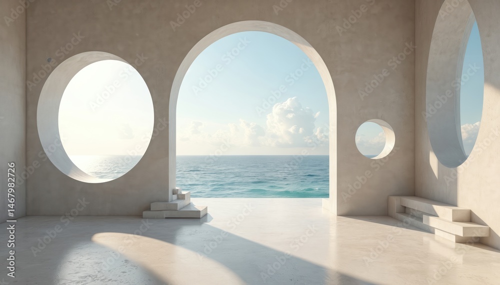 Poster minimalist interior with sea view through arched window. modern architecture design, white concrete 