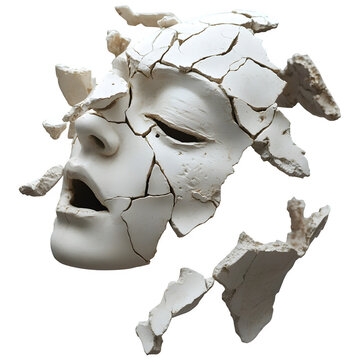 A hand-sculpted ceramic mask breaking apart mid-air into fragments, each shard detailed and hovering.