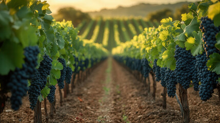 Close-up view of a vibrant vineyard with ripe grapes between rows under a warm sunset glow. autumn harvest, vineyard, winery, plantation