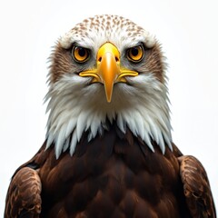 Obraz premium Portrait of majestic eagle front view. Isolated wild bird with sharp beak. Powerful raptor with eye. Brown, white, black feathers. Nature wildlife, hunting concept.