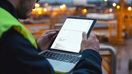 Engineer programming application on laptop at construction site using smartphone over shoulder view coding software development technology modern workplace concept