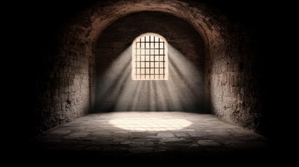 A barred window in a stone archway, casting a bright light into the dark room.