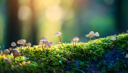 Enchanting Fairy Mushrooms Growing on Mossy Log in Sunlight