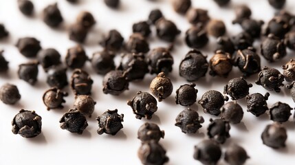 Obraz premium Side view of whole black peppercorns scattered across a white background focusing on their glossy texture and uniform size overlay cut out on isolated transparent removed background