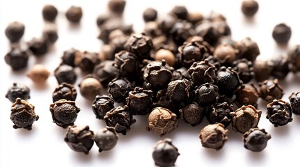 Obraz premium Side view of whole black peppercorns scattered across a white background focusing on their glossy texture and uniform size overlay cut out on isolated transparent removed background