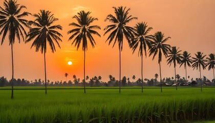 Sunset over Rice Paddy with Palm Trees