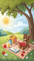 Naklejka premium Happy Children's Day Picnic Fun. A cute teddy bear enjoys a sunny day outdoors with books and treats. Celebrate the joy of childhood!