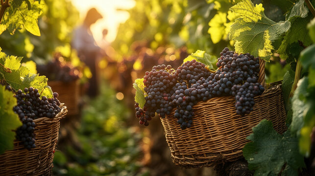 People harvesting grapes in vineyards during golden hour under a clear sky. autumn harvest, vineyard, winery, plantation