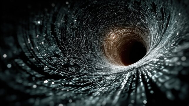 "Abstract data tunnel with binary codes flowing through, perspective view, blue tones 