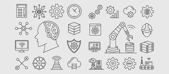 Artificial Intelligence & Machine Learning Icons — Monoline Series .Artificial Intelligence Line Icons. Editable Stroke Vector Icons Collection. Brain and Artificial Intelligence Icons