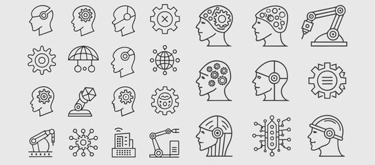 Artificial Intelligence & Machine Learning Icons — Monoline Series .Artificial Intelligence Line Icons. Editable Stroke Vector Icons Collection. Brain and Artificial Intelligence Icons