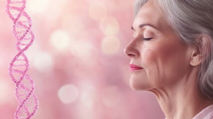 Fototapeta premium Serene older woman with gray hair, eyes closed, DNA strand in pink background.